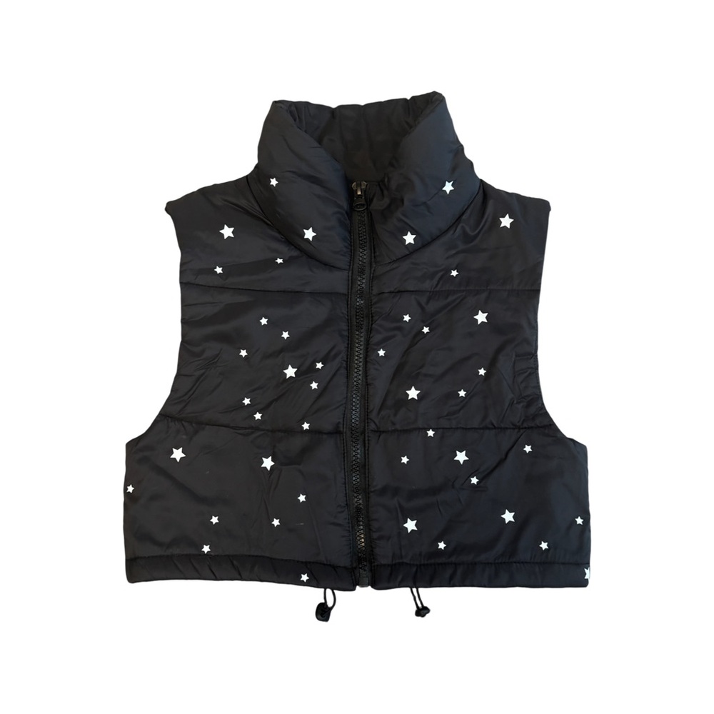 ALTEREDREAMS Star Print Cropped Puffer Vest XS Black Zip Front EUC